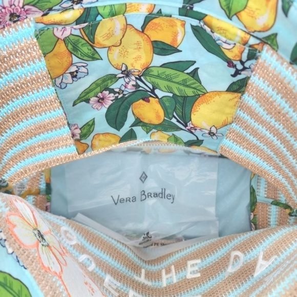 Vera Bradley Straw Tote Bag & Wristlet, & key fob in Retired Lemon Grove… - Picture 4 of 14
